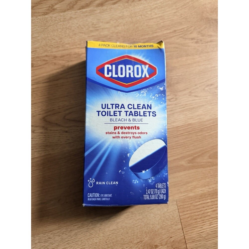 Clorox Ultra Clean Bathroom Toilet Tablets Bleach & Blue, Rain 4 Count